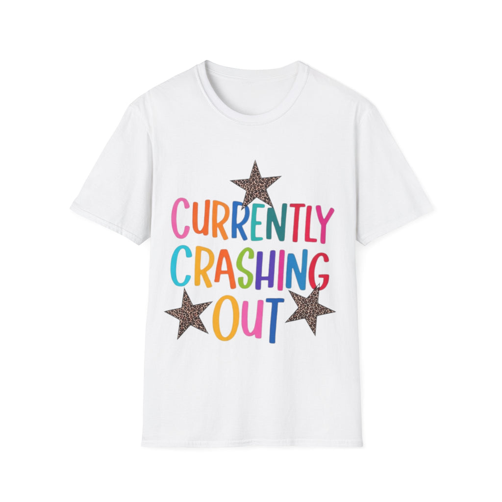 Currently Crashing Out T‑Shirt — Colorful Retro Stars Graphic Tee