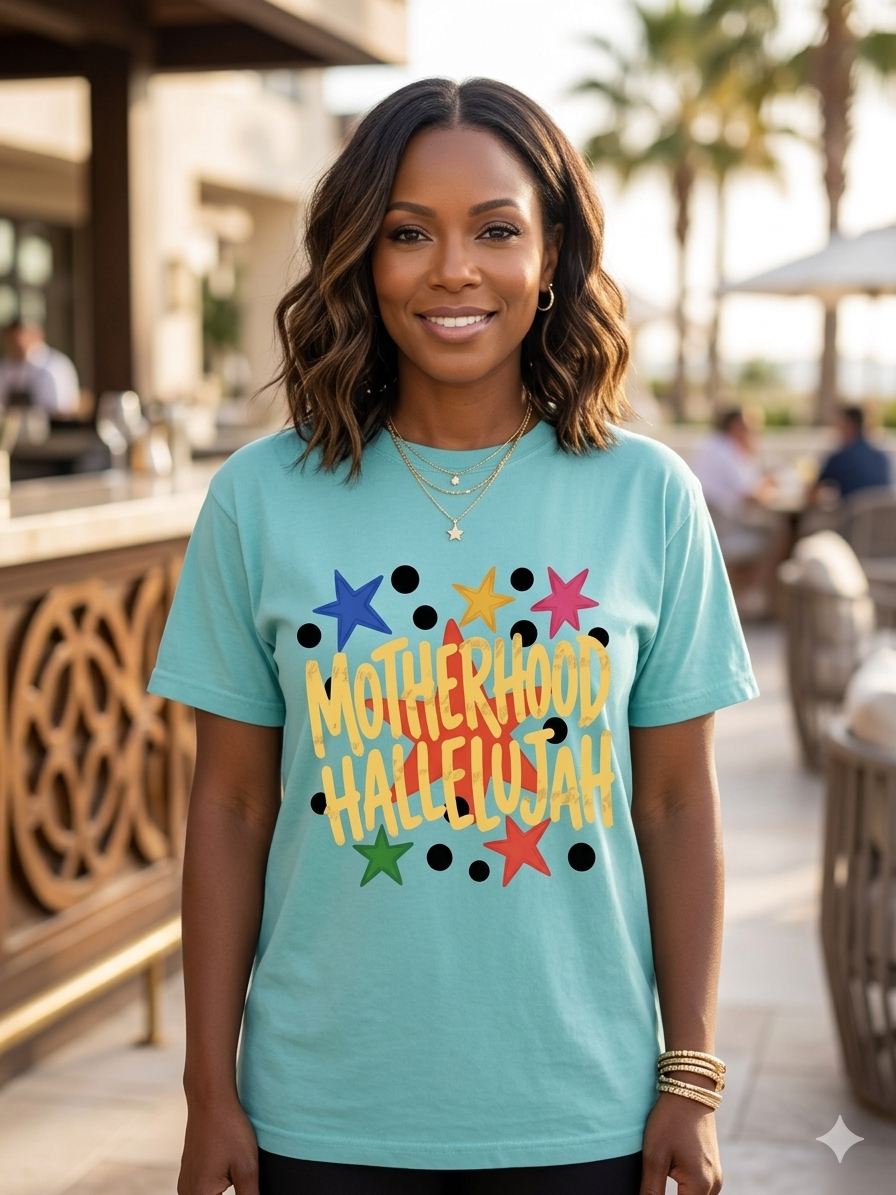 Motherhood Hallelujah T-Shirt — Colorful Stars Graphic Tee for Moms