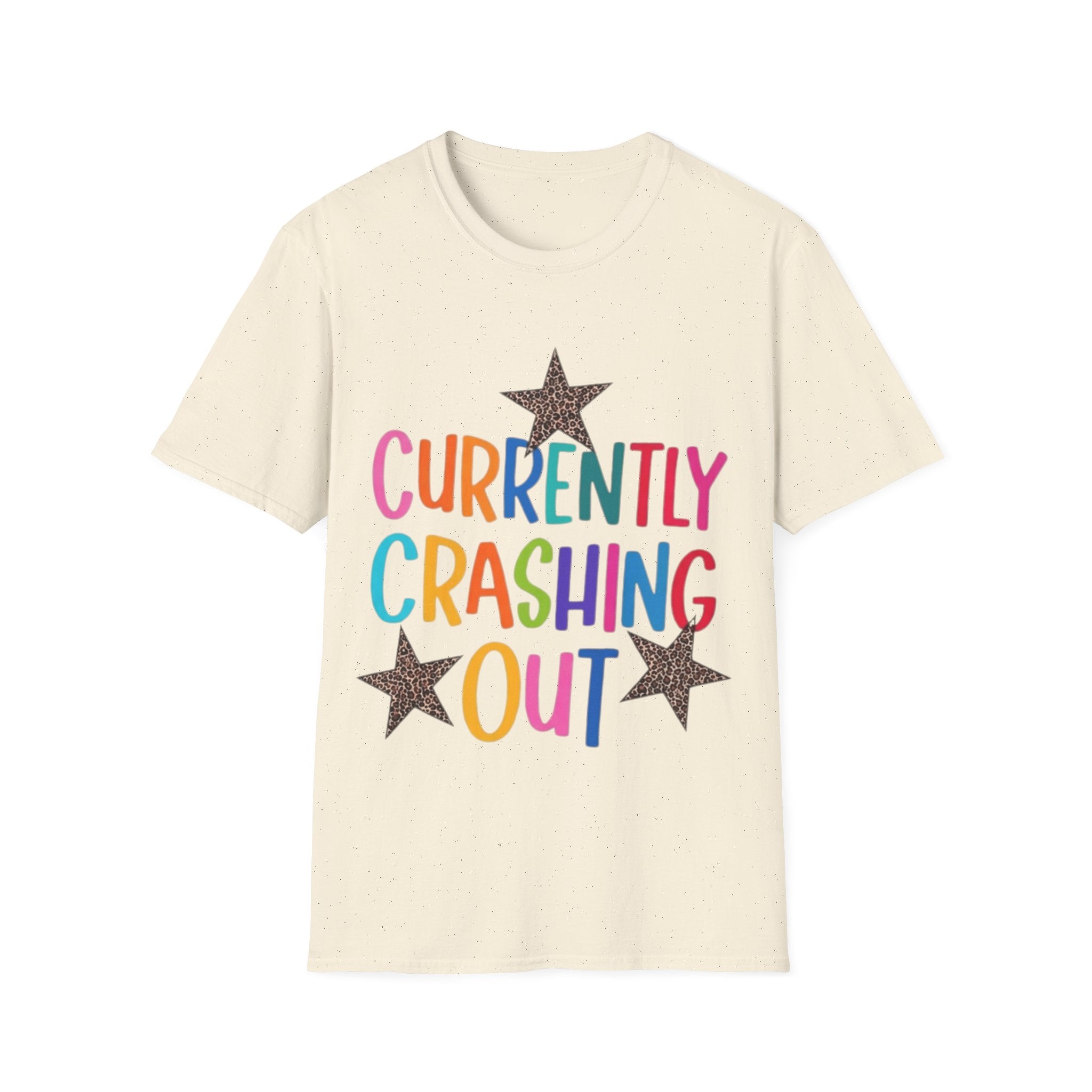Currently Crashing Out T‑Shirt — Colorful Retro Stars Graphic Tee