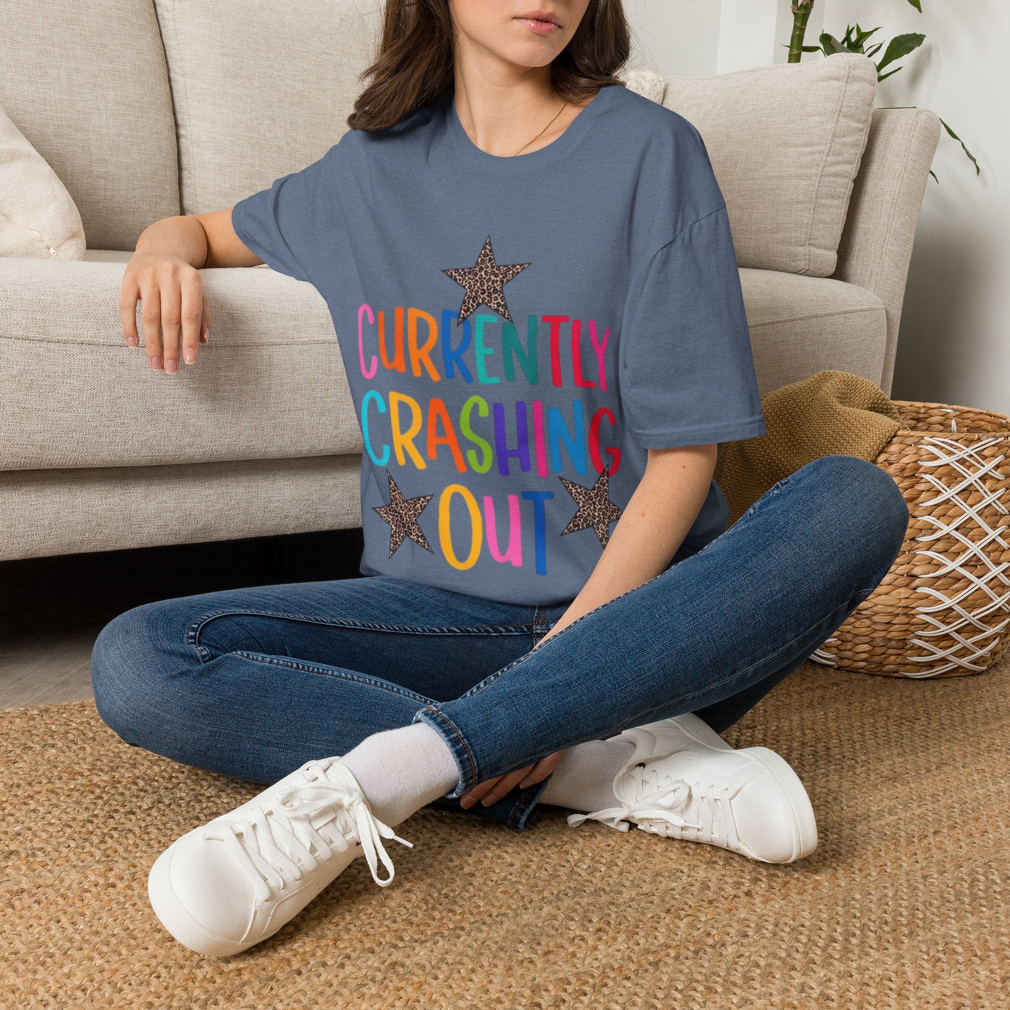Currently Crashing Out T‑Shirt — Colorful Retro Stars Graphic Tee