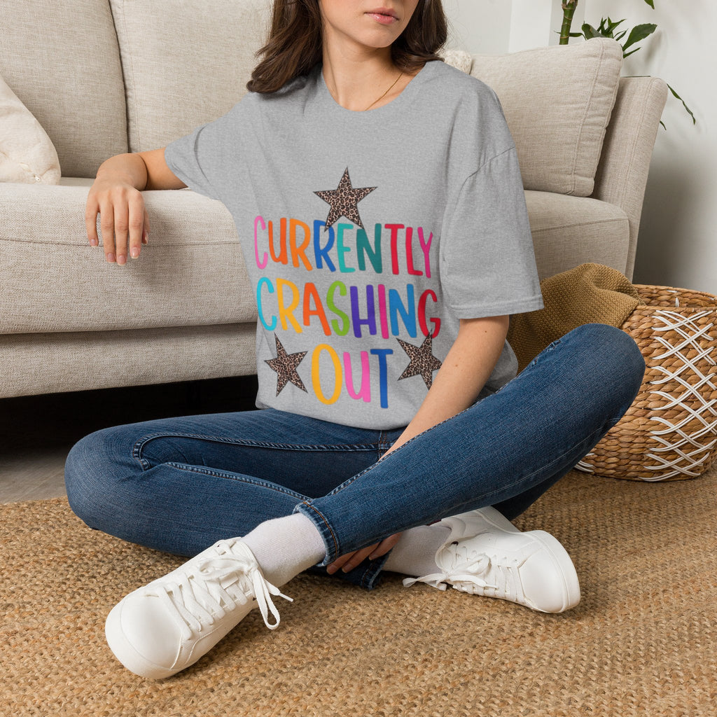 Currently Crashing Out T‑Shirt — Colorful Retro Stars Graphic Tee