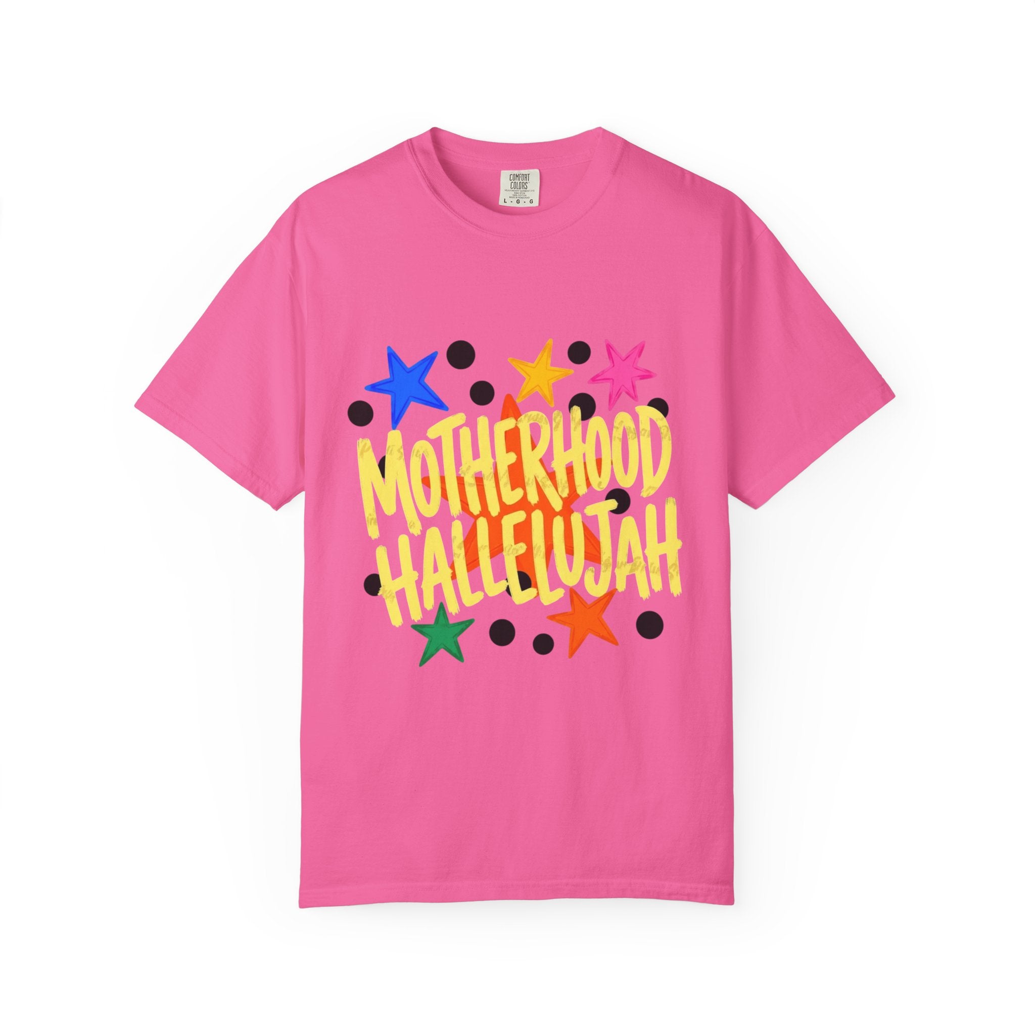 Motherhood Hallelujah T-Shirt — Colorful Stars Graphic Tee for Moms