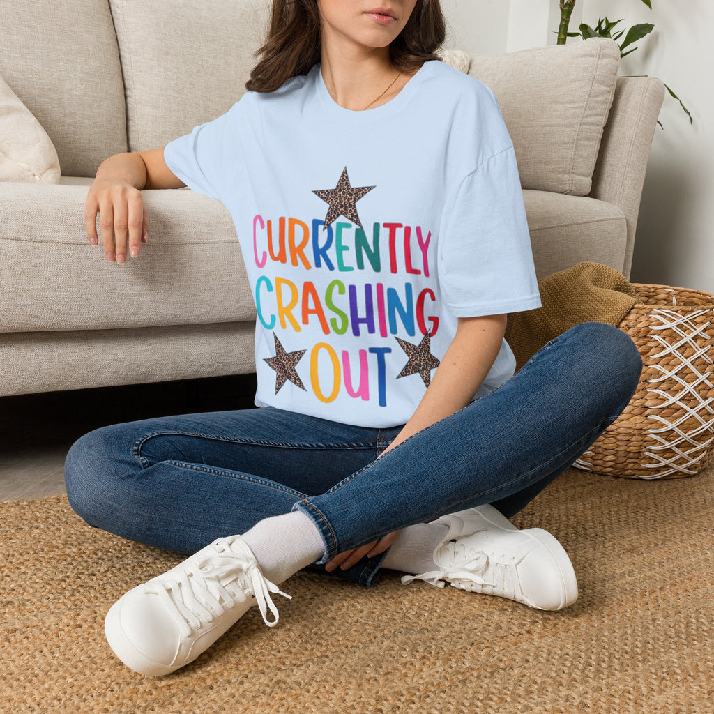 Currently Crashing Out T‑Shirt — Colorful Retro Stars Graphic Tee