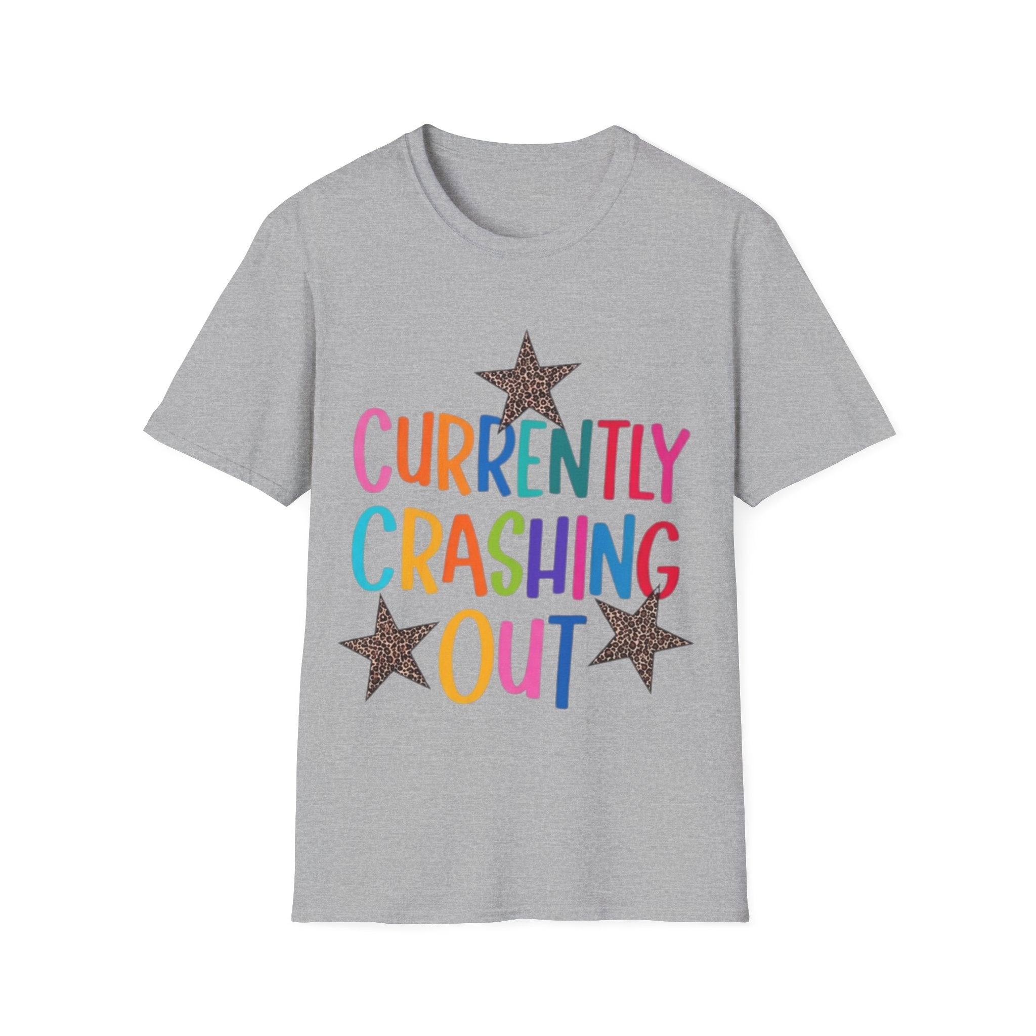 Currently Crashing Out T‑Shirt — Colorful Retro Stars Graphic Tee