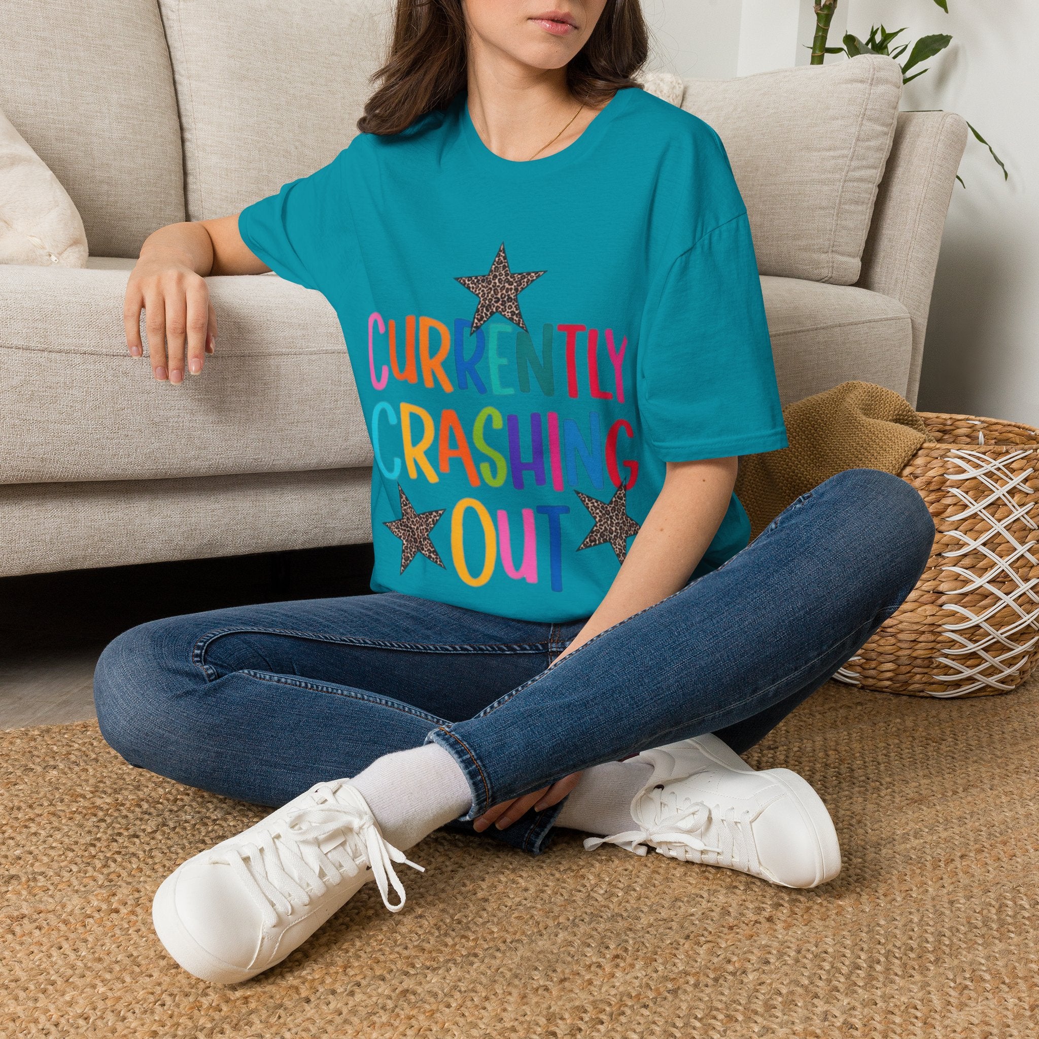 Currently Crashing Out T‑Shirt — Colorful Retro Stars Graphic Tee