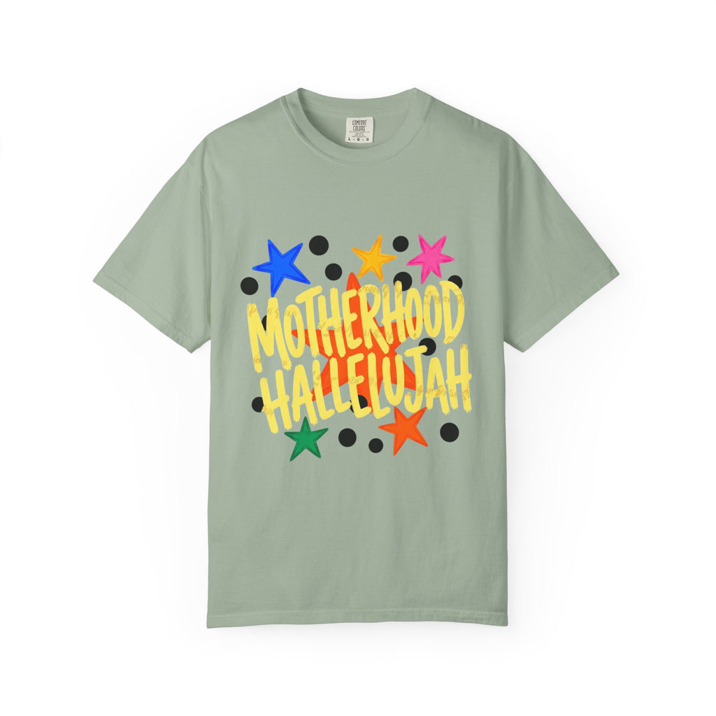 Motherhood Hallelujah T-Shirt — Colorful Stars Graphic Tee for Moms
