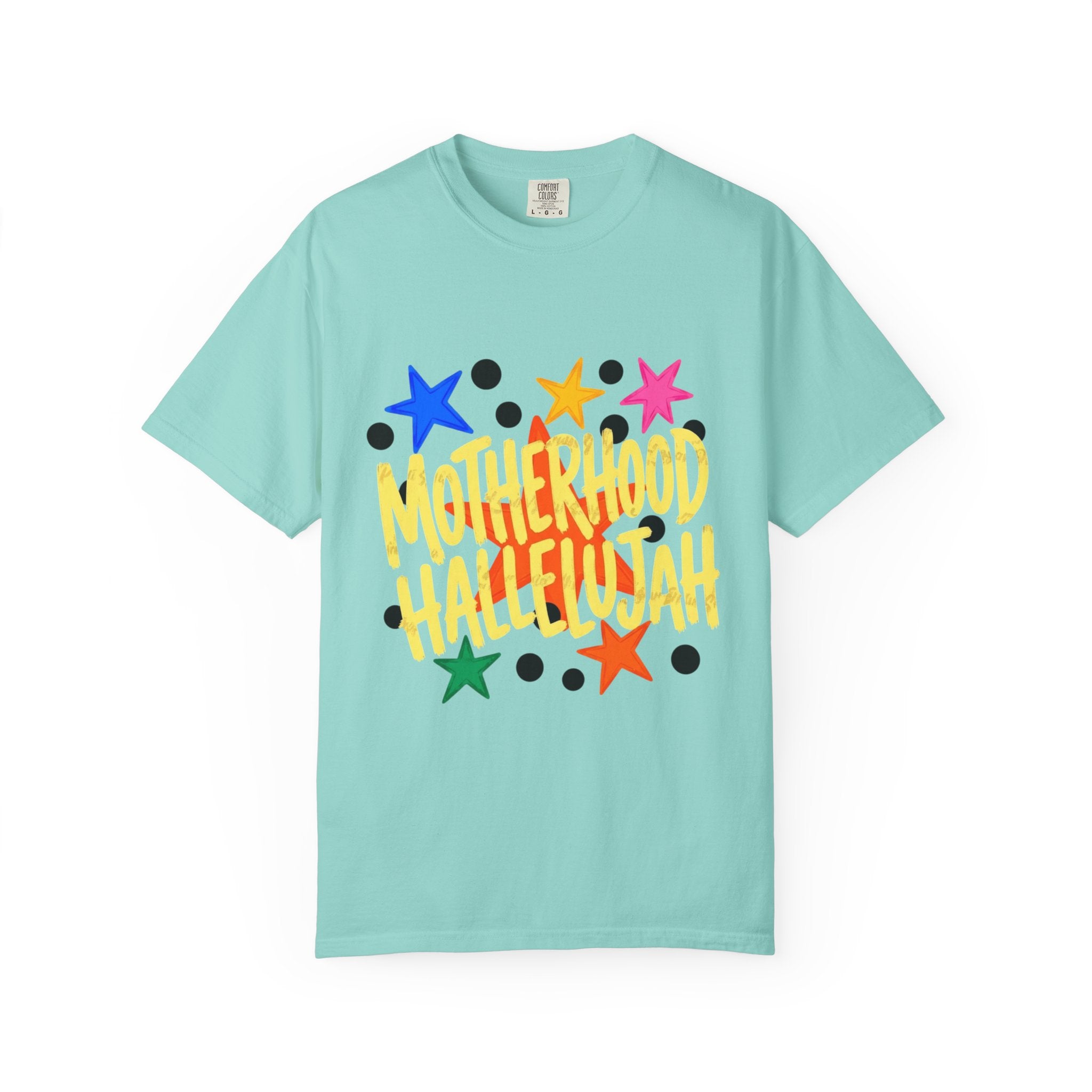 Motherhood Hallelujah T-Shirt — Colorful Stars Graphic Tee for Moms